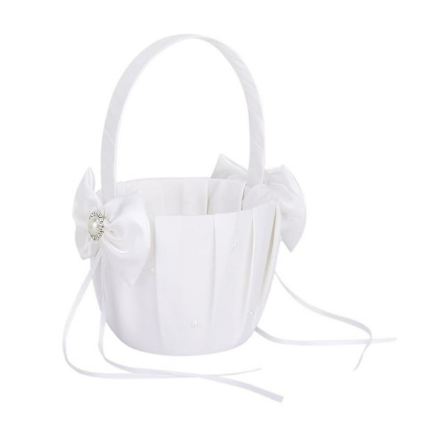 Wedding Flower Girl Basket White Satin Beautiful Pearl Bowknot Ceremony Wedding Flower Girl Basket White Satin Beautiful Pearl Bowknot Ceremony